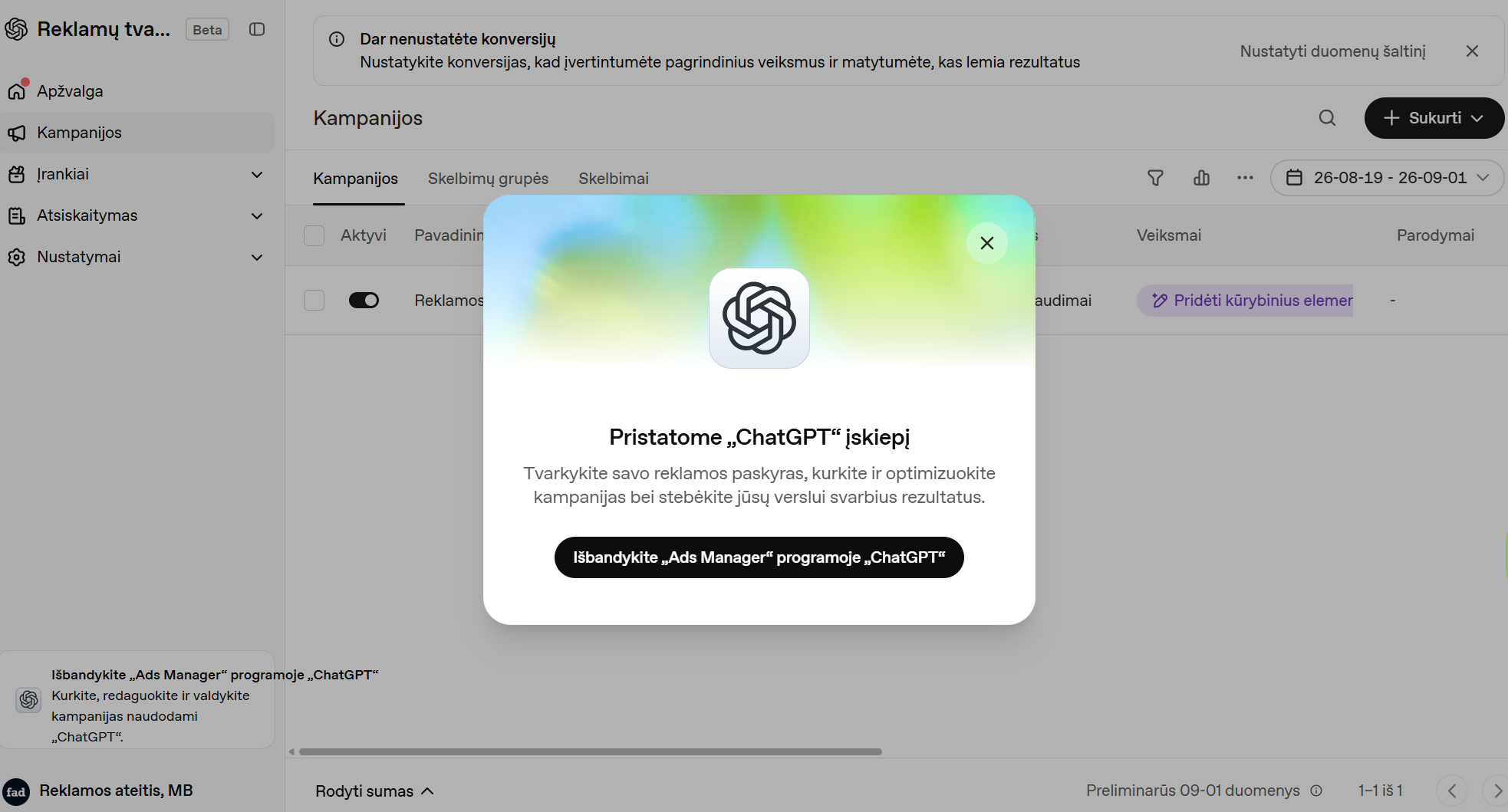 „ChatGPT Ads Manager“ įskiepis „ChatGPT“ pokalbyje