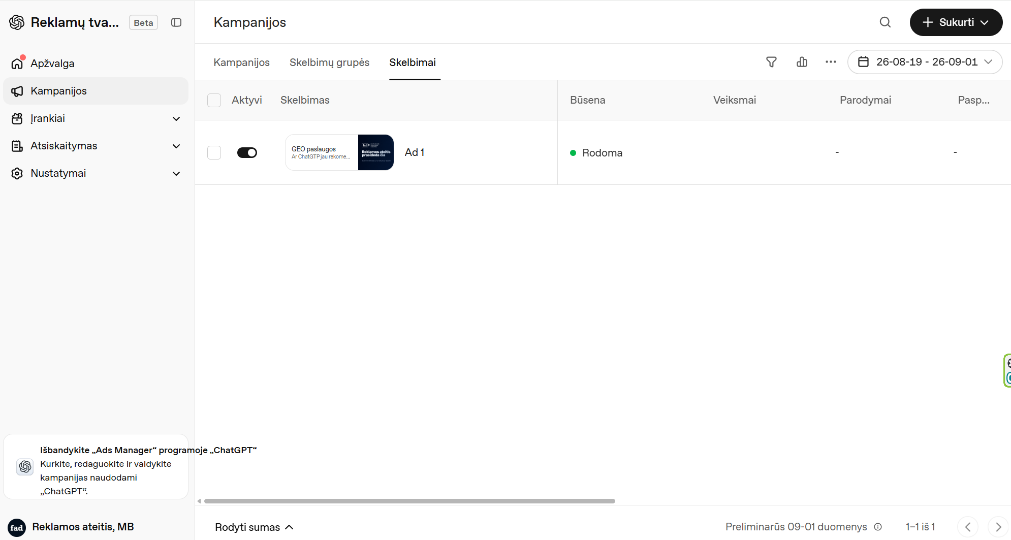 FAD skelbimas „ChatGPT Ads Manager“ su būsena „Rodoma“