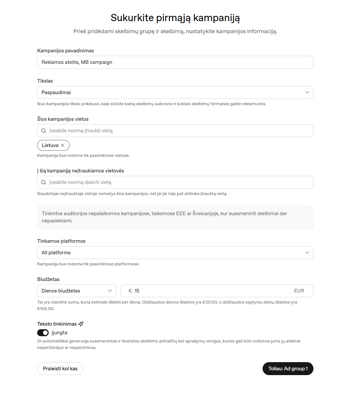 „ChatGPT Ads Manager“ kampanijos kūrimas pasirinkus Lietuvą ir 15 Eur dienos biudžetą