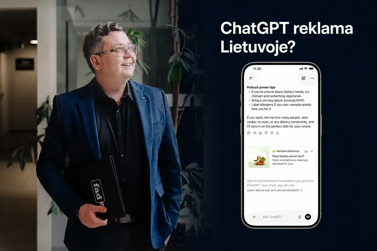 Tomas Morkūnas šalia ChatGPT reklamos pavyzdžio