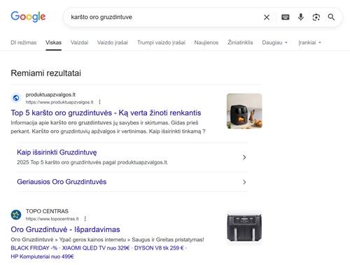 Google tekstinės reklamos paieškoje pavyzdys 2026 metais